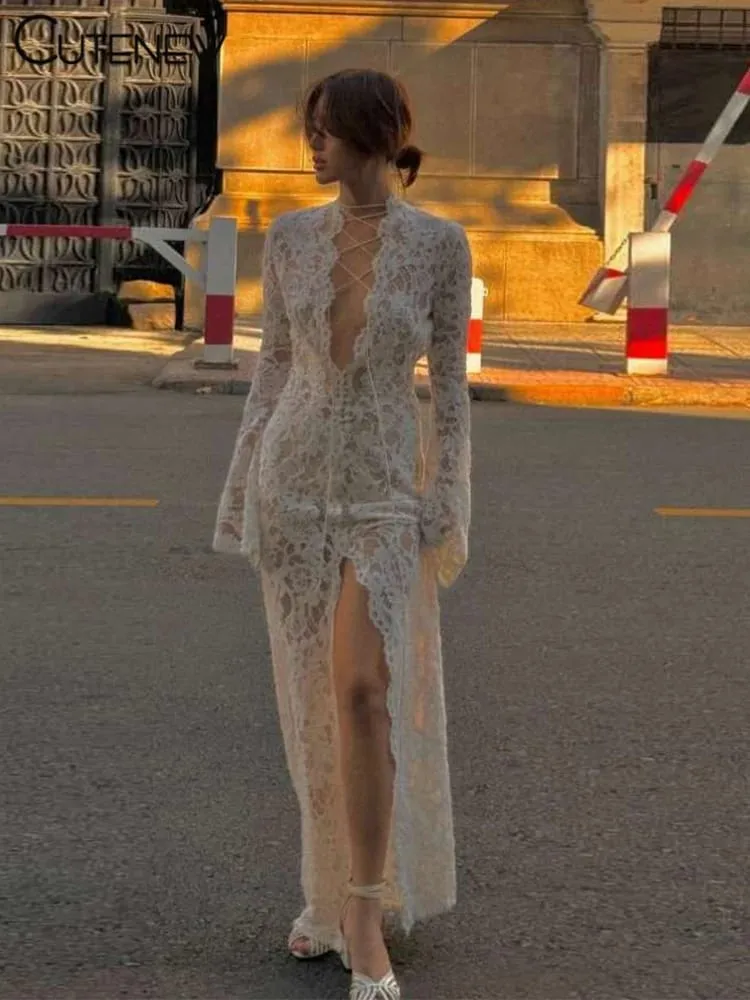 Cutenew-Vestido largo de encaje transparente para mujer, vestido Sexy liso de manga larga con cuello redondo, vestido ceñido, bata de noche impresionante para mujer
