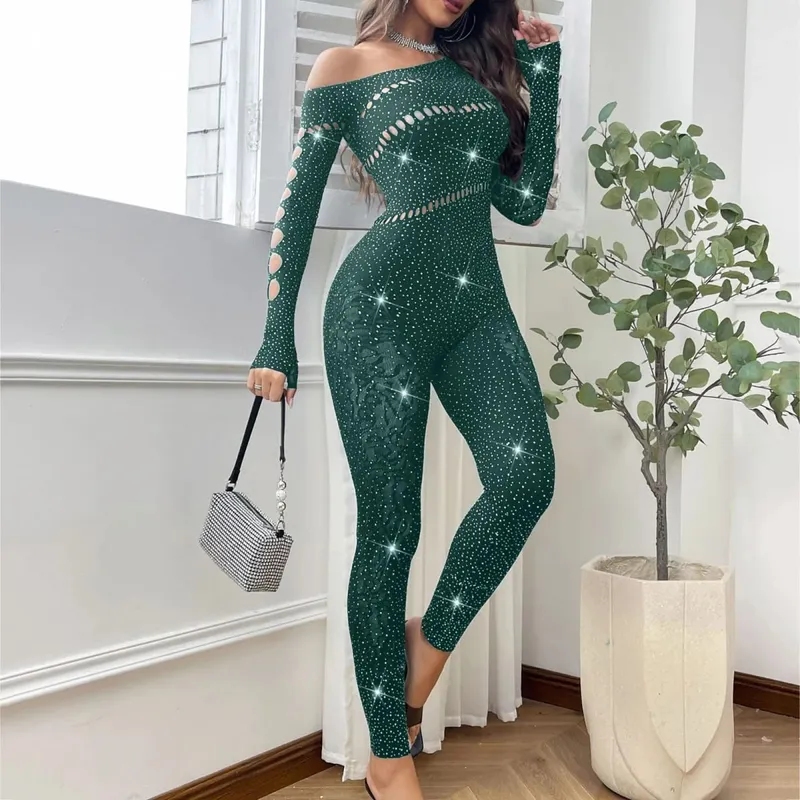 Kvinder Sexet Mesh Rhinestone Jumpsuit Langærmet Se Through High Stretch Body Strømper Jumpsuit Club Plus Size Stock Lingeri
