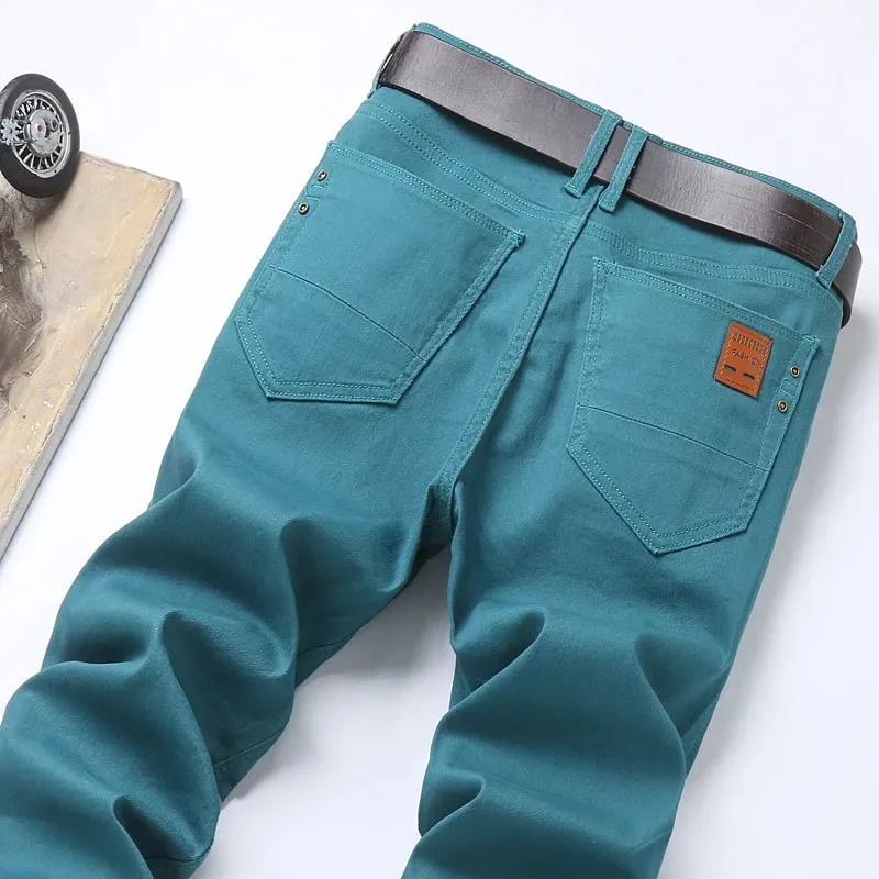 Spring New Men's Red Elastic Jeans Korean Slim Straight Leg Wash Denim Pants Comfortable Soft Casual Trendy High End Trousers