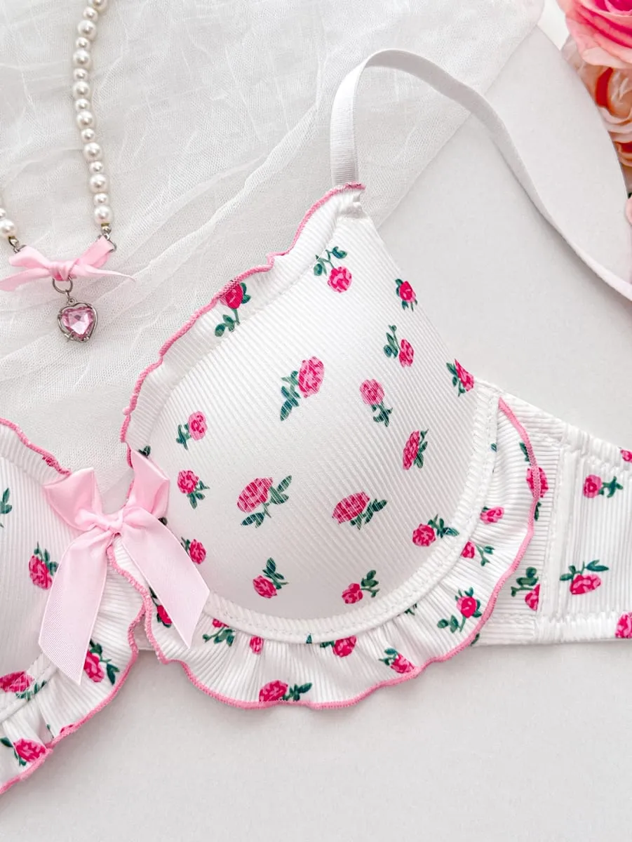 Cute Floral Pattern Women's Underwear Set Stylish Bow Ribbed Bra Soft Ladies Panties Ruffled Trim A B C D Cup Women's Bra — image 3