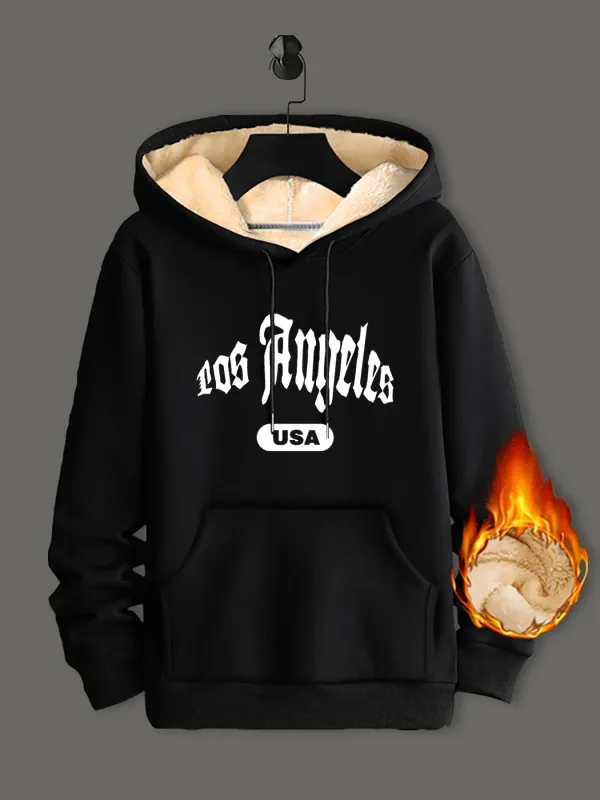 Sweat à capuche en laine d'agneau pour homme et femme, épais, chaud, coupe-vent, imprimé, pull ample, noir, hiver
