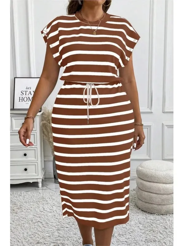 2025 Casual Striped Printed Short-sleeved Women's Dress Summer Fashion Cinched Waist Lace Up T Shirt Female Sports Dresses — image 9