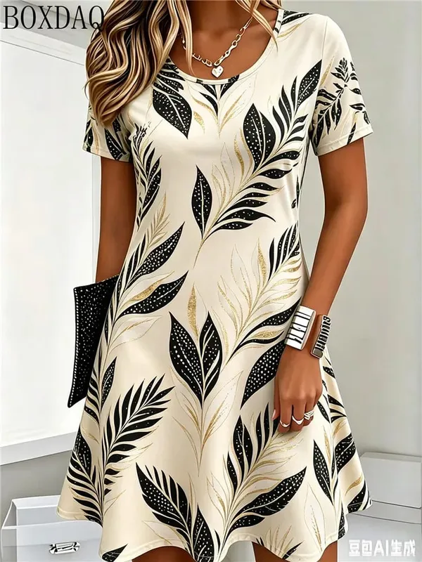 Casual Summer Women's Dresses Loose Short Sleeve Round Neck Leaf Pattern Printed Dress — image 12
