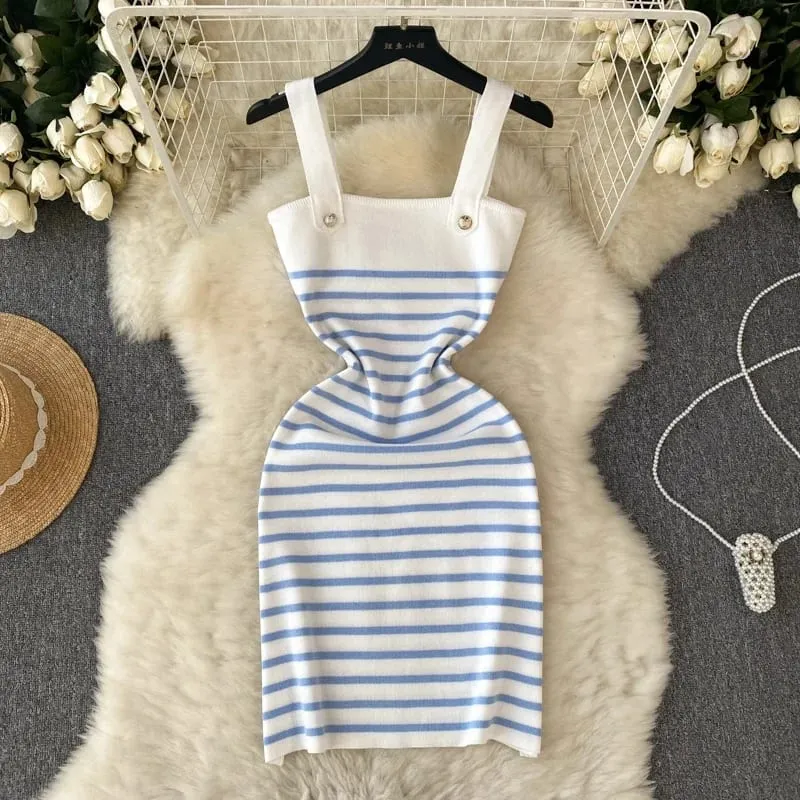Women Striped Knit Sling Dress Blue White Wide Strap Metal Button Slim Fit Bodycon Mini Casual Summer Vacation Lady All Season — image 2