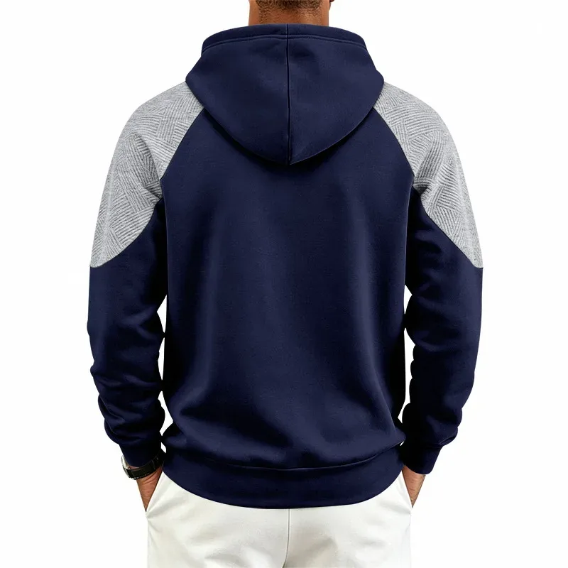 Autumn Winter Men Color Block Raglan Hoodie Textured Chest Panel Drawstring Kangaroo Pocket Loose Casual Streetwear Sweatshirt — image 4