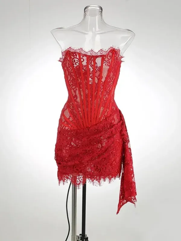 Abito corsetto patchwork trasparente in pizzo sexy Abito aderente femminile Elegante mini abito da donna MIrrgualr Abito con top a tubino Nuovo — image 11
