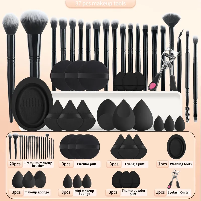 37PCS Makeup Tools Set 20 Brushes + Sponges Puffs Eyelash Curler Cleaning Tool for Full Face