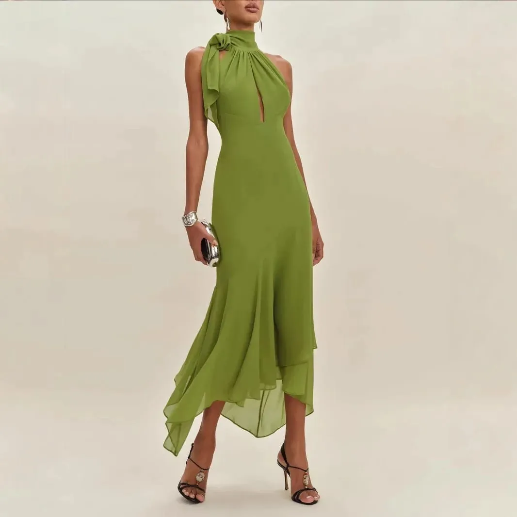 Temperament Halter Neck Long Dresses Women Green Backless Leace-up Irregular Package Hip Party Dress Elegant Banquet Vestidos — image 2