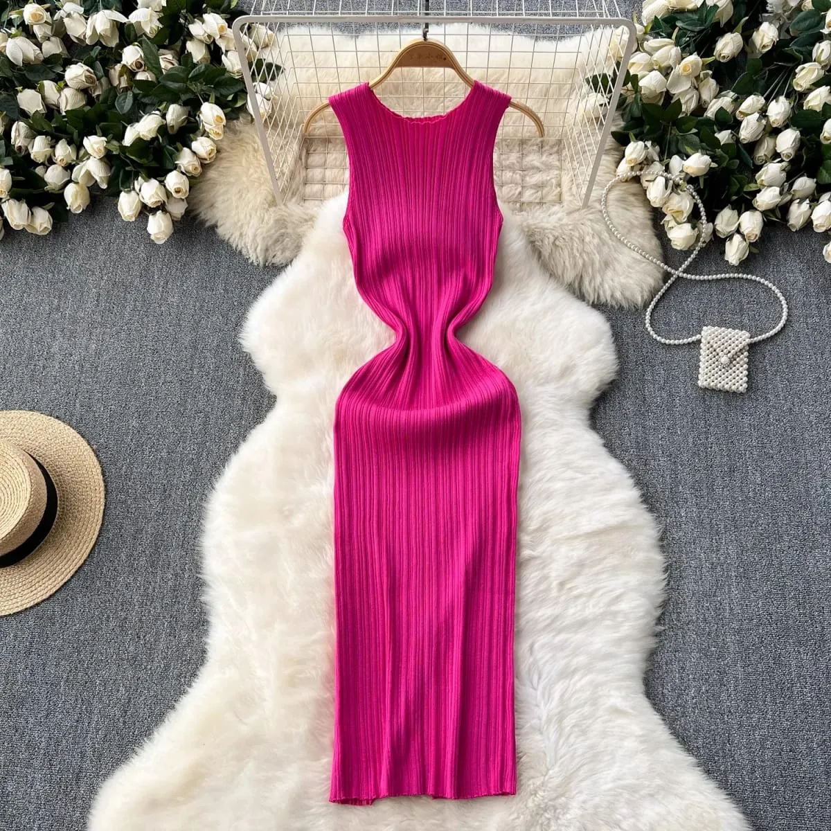 YuooMuoo Chic Fashion Sexy Wrap Hips Knitted Maxi Dress 2026 Spring Summer Ribbed Slim Elastic Sleeveless Tank Dress Lady Vestid