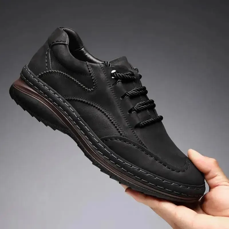 Men Handmade Stitching Cowhide Shoes Casual Lace Up Walking Footwear Comfort Non Slip Rubber Sole Breathable Outdoor Daily Shoes — image 3