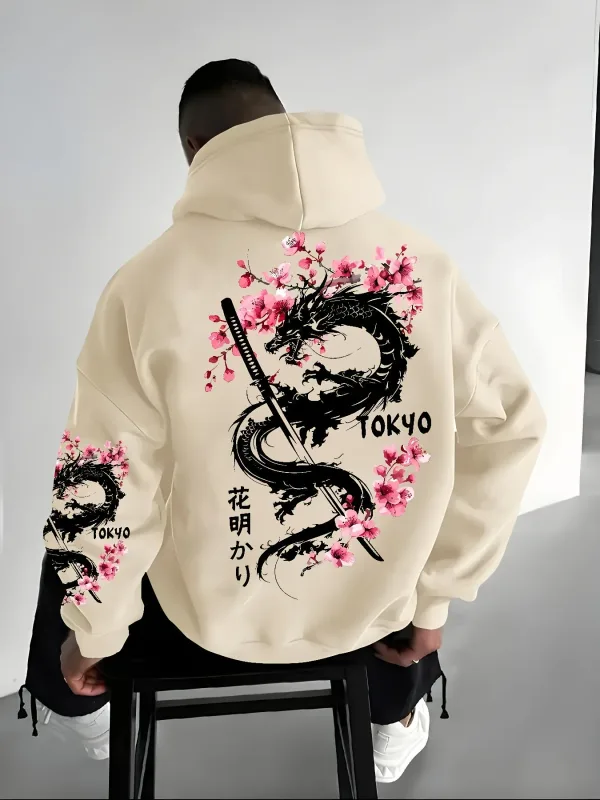 ผู้ชายใหม่ Anime Dragon Cherry Blossom พิมพ์ Hooded Sweatshirt ฤดูหนาวขนแกะสบายๆ Street Comfort แรงบันดาลใจการออกแบบ Hoodie — image 2