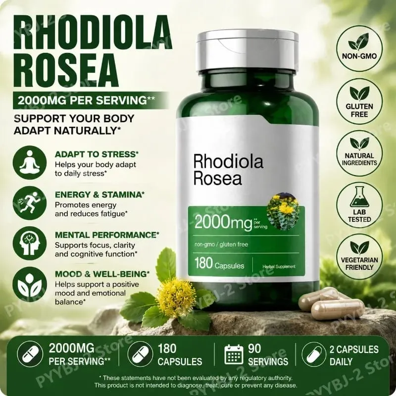 Cápsulas de Rhodiola Rosea 180 peças para alívio emocional e suporte à saúde imunológica - 2.000 mg de raiz de Rhodiola Rosea 5: 1 extrato de planta
