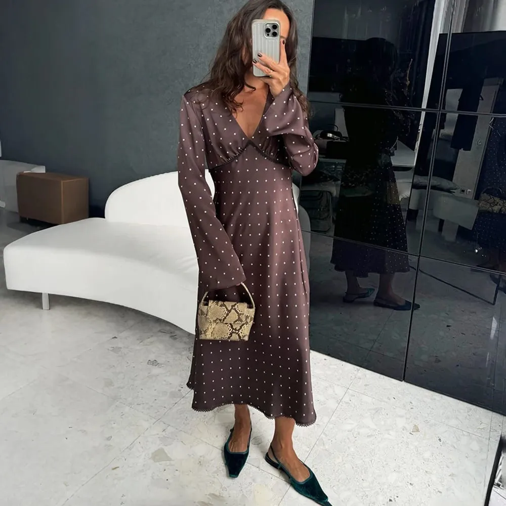Talenza Women Polka Dot Dress Fashion Satin Print Contrast V-Neck High-Waisted New Dress Summer Elegant Female Party Dress 2026 — image 2