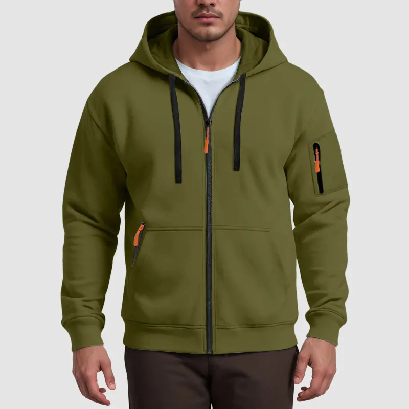 Men's Hoodies Solid Color Loose Zip Up Jacket Arm Zipper Pocket Hoodies Sand Hoodie Men — image 7