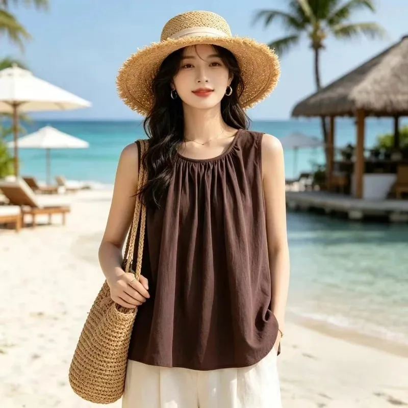 Street Casual Pleated Solid Simplicity All-match Tops Summer New Sleeveless Loose Elegant T Shirts Fashion Trend Women Clothing — image 3