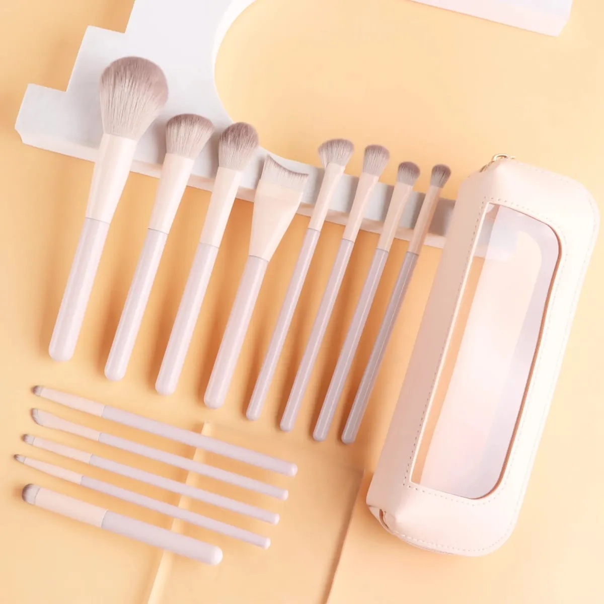 13Pcs Soft Bristle Beige Makeup Brushes with Large Round Powder Brush Detail Eyeshadow Brush Nose Shadow Brush + Storage Bag S — image 1