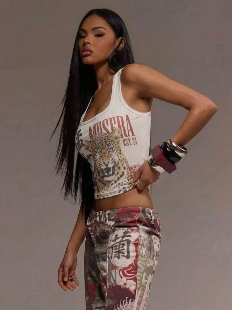 Women Pattern Printing Chinese Character Sleeveless U-Neck Fitted Crop Cami Top Summer Sexy Y2k Rock Streetwear Daily Tank Top — image 4