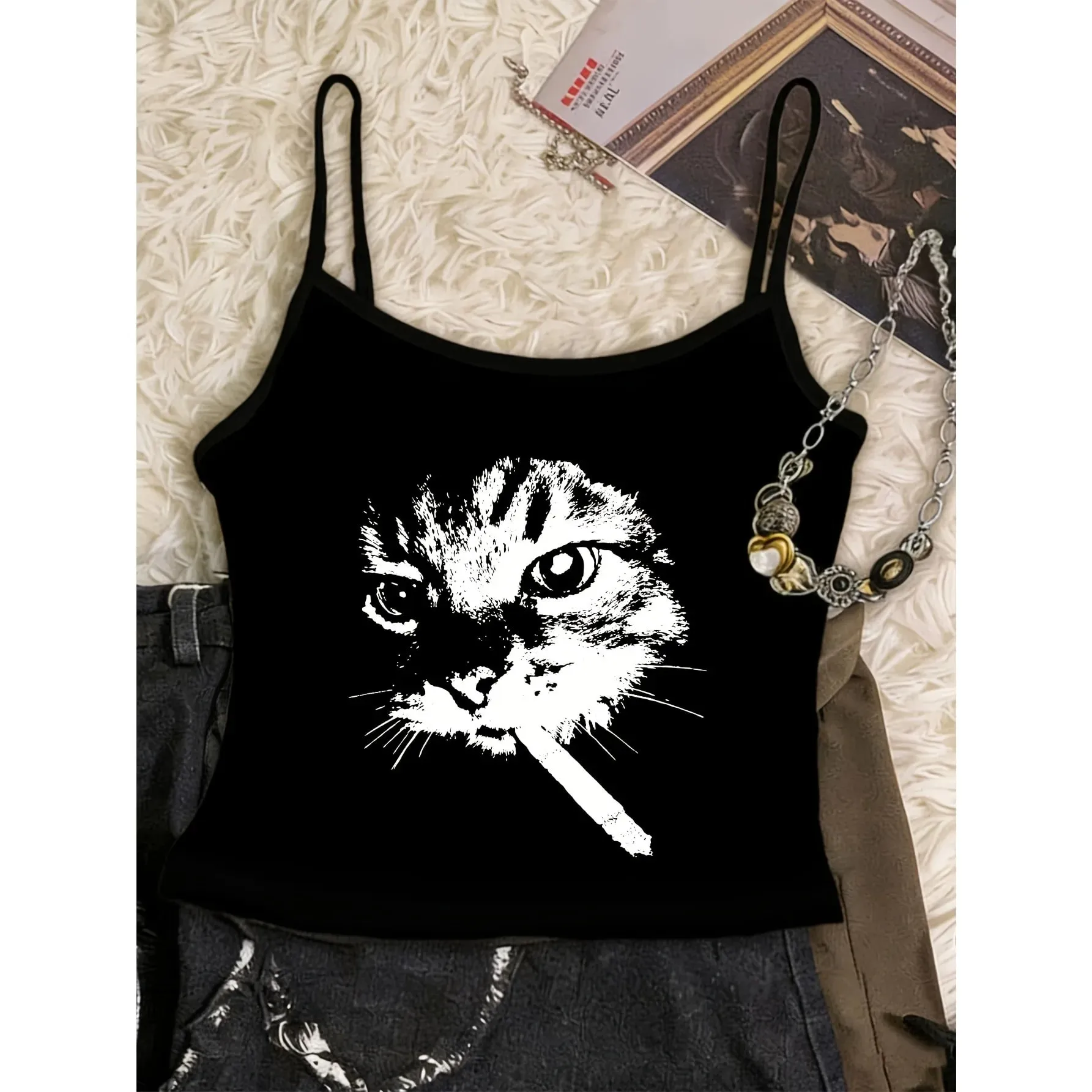 Retro Smoking Cat Print Camisole Top Y2k Style Streetwear Spring/Summer Women's Vest Graphic Crop Top Tank Top — image 7