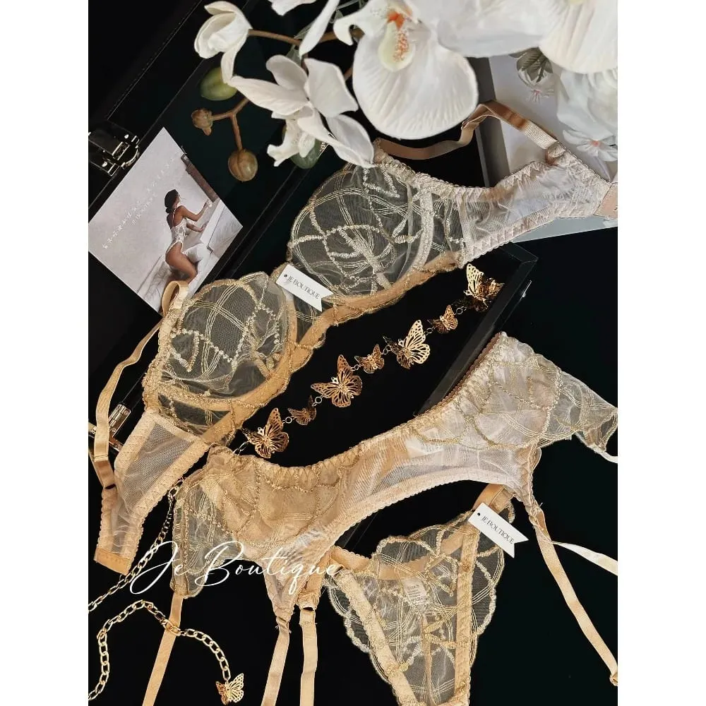 Luxury Lace Shiny Gold Embroidery Sexy Lingerie Set Women Bra + Thong Panties Transparent Erotic Night Party Intimate Underwear — image 2