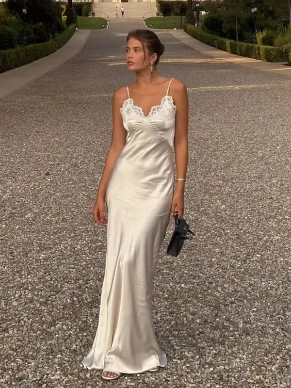 Solid Satin Lace Slip Dress Spaghetti Strap Trim Women V-neck Bias Cut Maxi Dresses 2026 Lady Elegant Evening Party Summer Gown — image 8