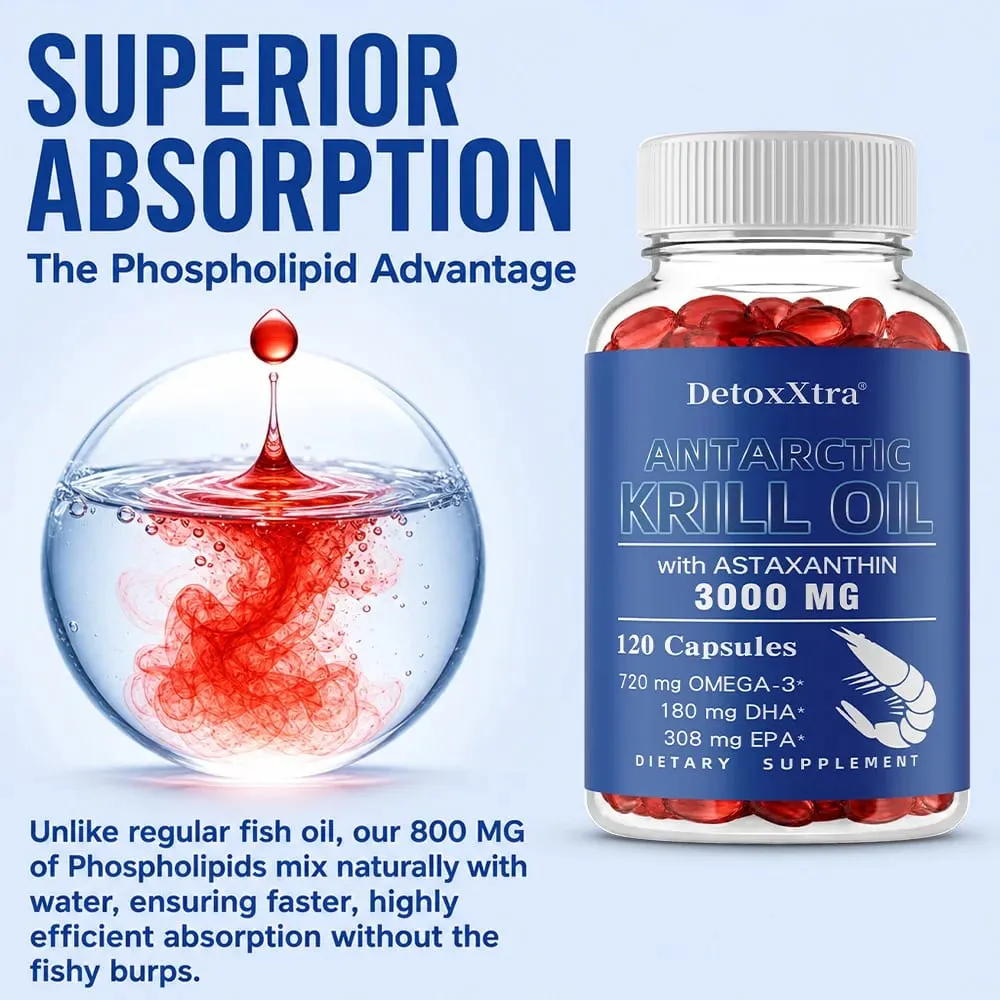 Antarctic Krill Oil 3000mg Capsules Omega-3 EPA DHA Astaxanthin & Phospholipids Antioxidant Heart Brain Joint & Eye Support