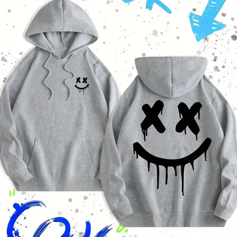Smiley face print men's and women's autumn winter trendy printed hooded fleece sweatshirt front back casual hoodie — image 14
