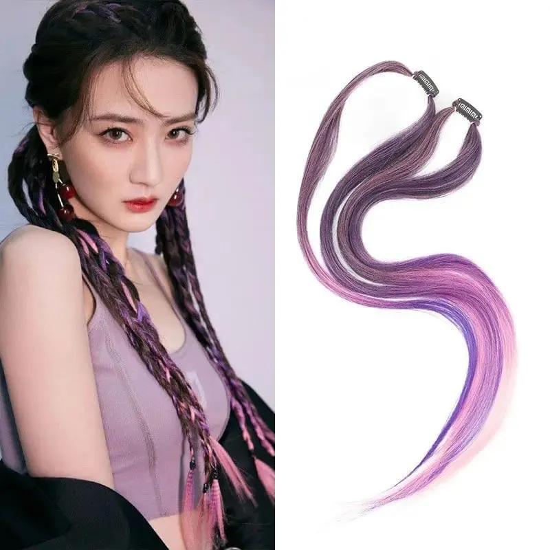 2PCS 60cm Synthetic Long Straight Hair Clips Rainbow Hair Extension Colored Red Green Blue Hairpiece for Women