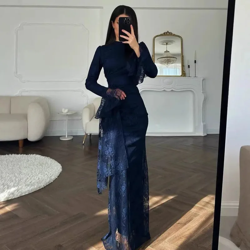 Women Lace Fitted Dresses Solid Evening Dress H Line Ankle Lenth Bell Sleeve Waist Cinch Slim Fit Party Sexy Elegant 2026 Summer — image 7