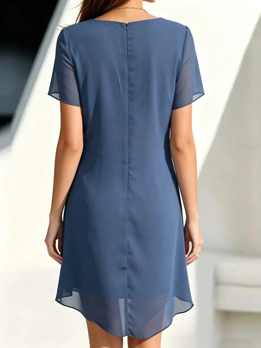 Women's Party Dress Chiffon Short Sleeve Round Neck Layered Asymmetrical Hem Formal Cocktail Dress