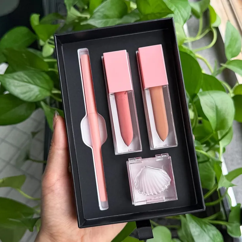 4pcs/kit Vegan Makeup Lip Gloss Matte Lipstick Lip Liner Lip Mask Set Private Label Custom Logo Wholesale