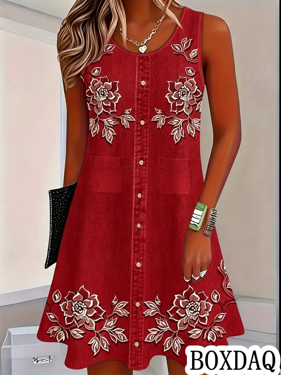 Women Vintage Pattern Flowers Print Dresses Summer Fashion Sleeveless Dress Casual Sundress Beach Loose Dress — image 4