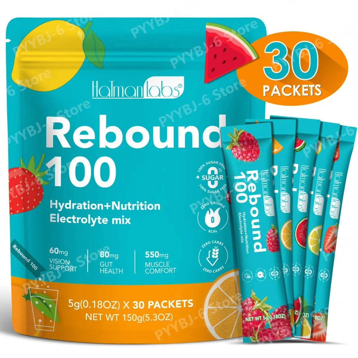 HolmanLabs Rebound 100 Electrolyte Supplement Powder Sugar Free Hydration Gut Vision Muscle Health Vitamins C B6 B12 30 Packets — image 1