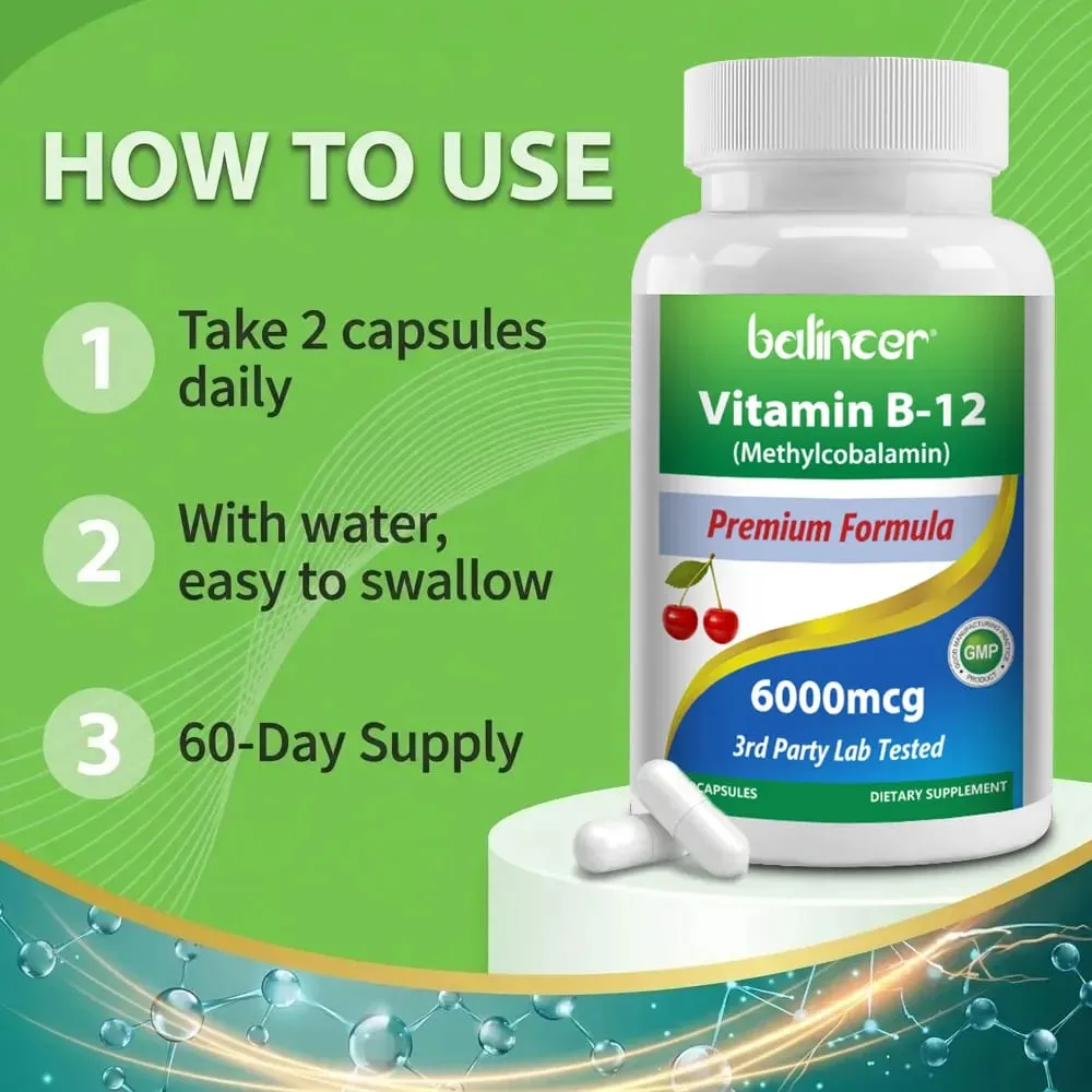Vitamin B12 Supplement 6000mcg - Energy Brain Memory Mood Heart Function Nervous & Immune System Support 30/60/120 Capsules