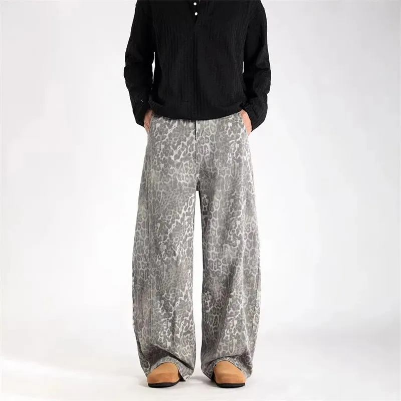 2026 New Vintage Distressed Leopard Printed Y2K Jeans Men's High Street Baggy Curved Denim Pants Hip Hop Fashion Punk Jean
