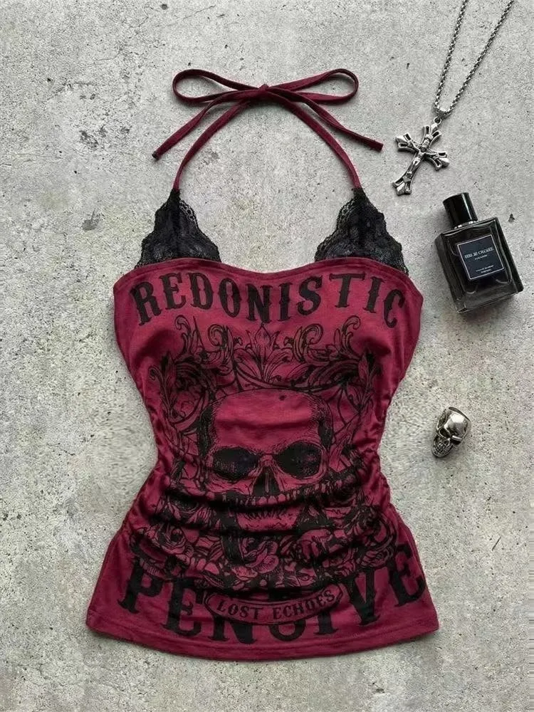 Skull Print Halter Cami Top Lace Trim Tie Back Sleeveless Tank Ruched Waist Vintage Graphic Slim Fit Casual Blouse