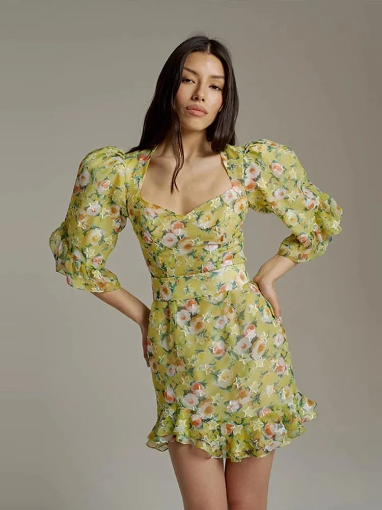 Floral Print Side Split V-Neck Mini Dresses Slim Fitwaist Cinching Puff Sleeve 2026 Summer Elegant Women Party Sweet Vestidos — image 4