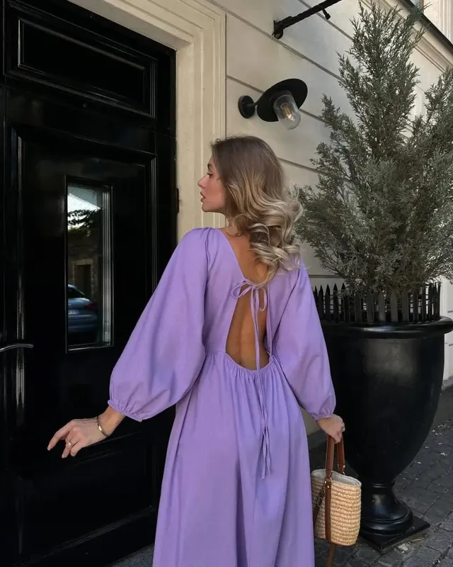 2026Spring Summer V Neck Backless Lace Up Dress Women Lantern Sleeve Loose Casual Long Dresses High Street Fashion Solid Robes — image 7