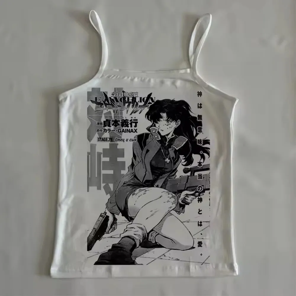 Y2k Anime Print Black Tanks Goth Sexig Bodycon Cropped Tops Dam Camis Streetwear Harajuku Coquette Basic Corset Top Kläder Emo