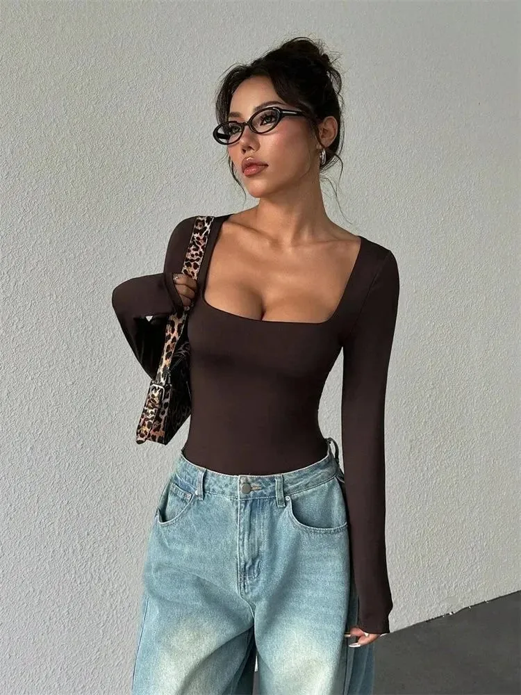Basic Square Neck Long Sleeve Bodysuit Blouse for Women Autumn Winter Sexy Slim Fit Solid Color Bodysuits Streetwear Y2K — image 4