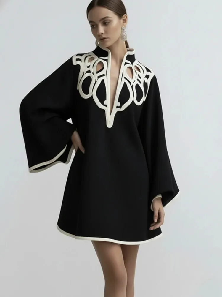 Freeacy Women's Hollowed Stand Collar Loose Mini Dress 2026 Spring New Contrast Color Long Sleeves Vacation Party Dresses — image 4