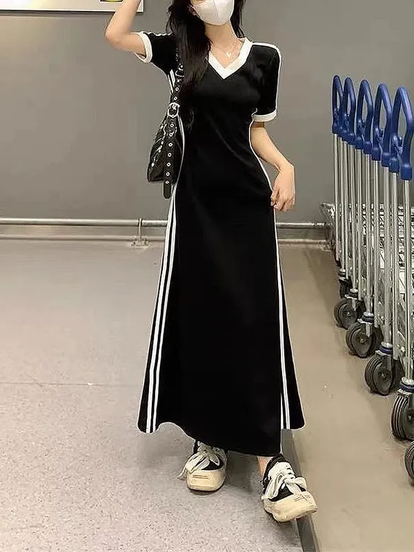 Women Autumn Midi Dress Fashion Patchwork V-Neck Short Sleeve Black Long Skirt High Waist A-Line Dress Sports Ankle-length Dress