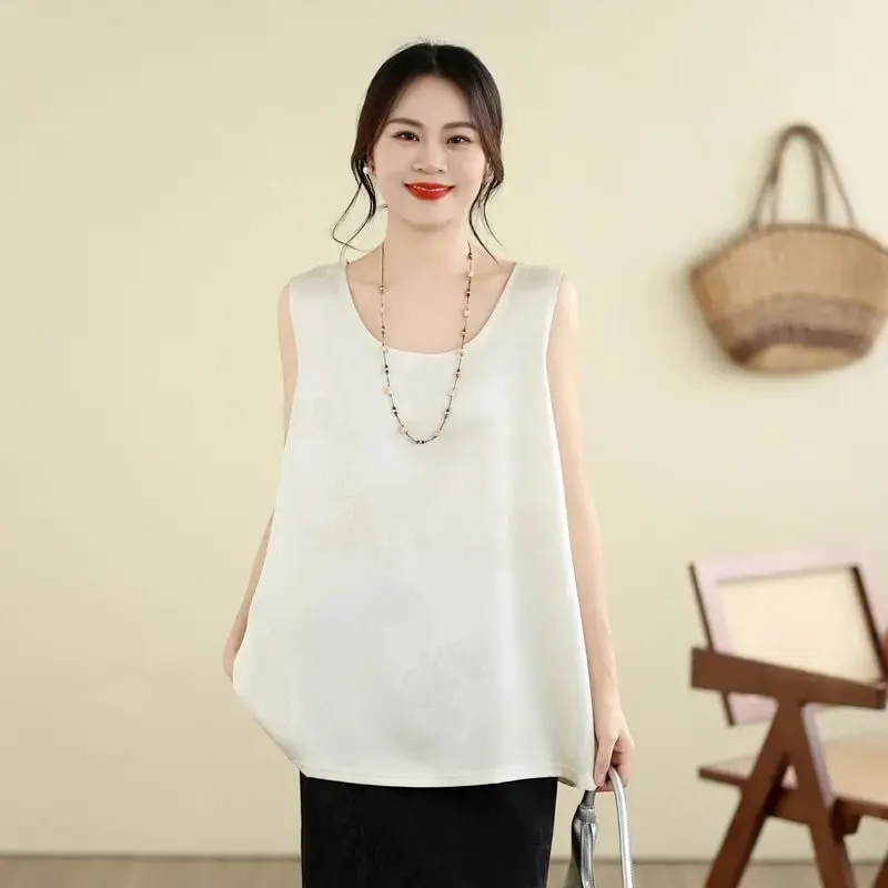 New Chinese Style Jacquard Satin Tank Top Middle Aged Women Loose U Neck Sleeveless Blouse Elegant Acetate Vest For Moms — image 11