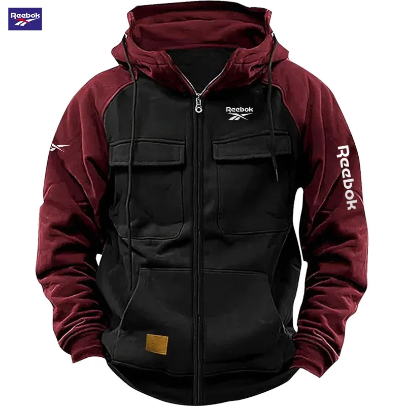 2026 Reebok New Autumn-Winter Men's Hooded Patchwork Casual Sweatshirt Loose-Fit Fashionable Youth Multi-Pocket Padded Hoodie