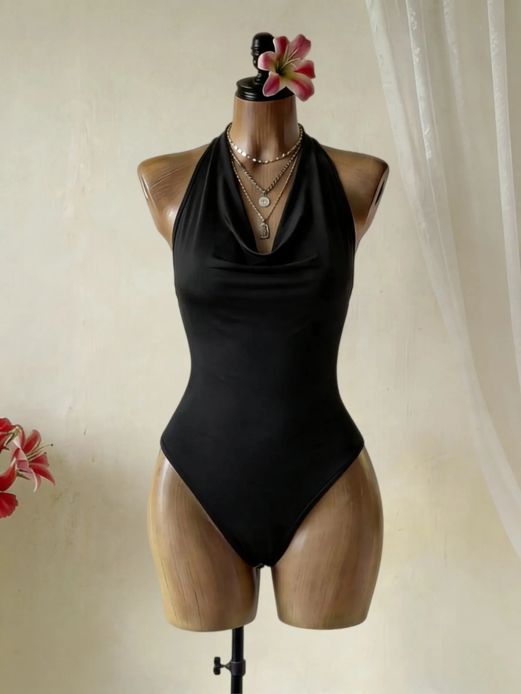 Women Halter Cowl Neck Deep V Sleeveless Slim Fit Body Shaping Bodysuit 2026 Summer Solid Black Club Casual Basic Jumpsuit Top — image 2