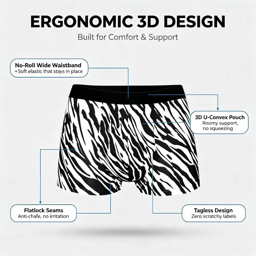 1/3Pcs Set Men's Zebra Print Ice Silk Boxer Briefs Quick Dry Breathable 3D Pouch Anti-Chafe Underwear for Gym Office Daily Wear