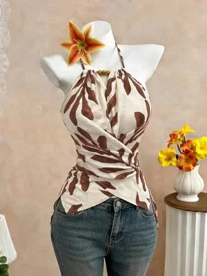 Women's Casual Cross Back Vest Plant Print Shoulder Bared Vest for Shopping Vacation Beach Travel Daily Casual Wear