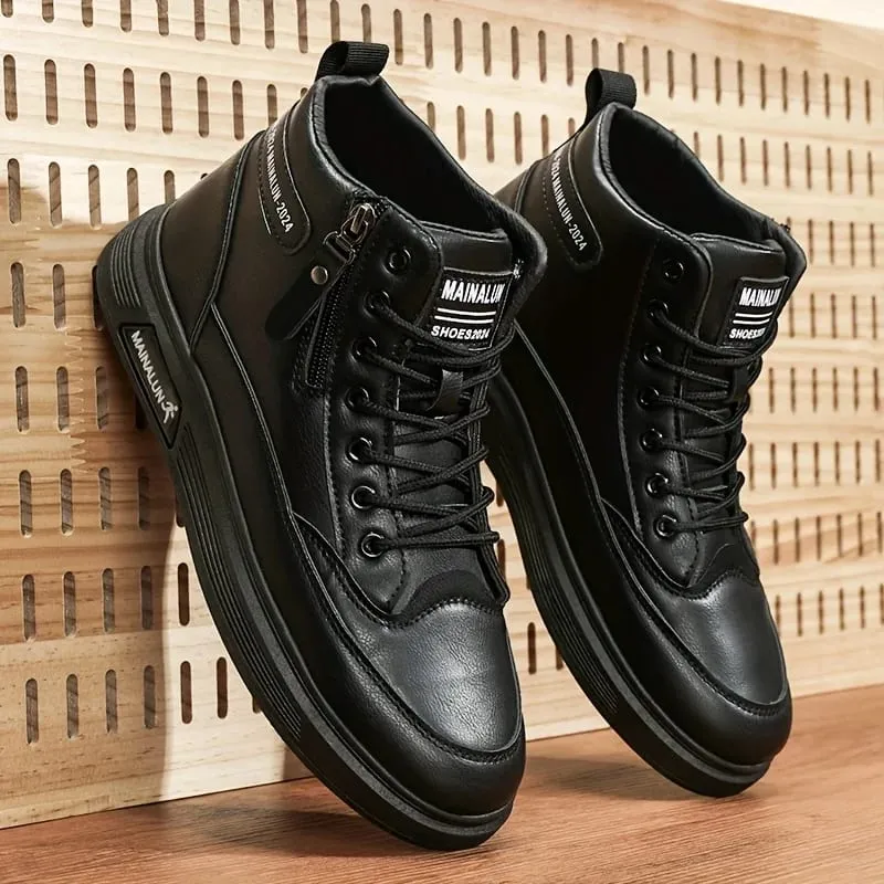 High-Top Sneakers for Men Designed for All Seasons Featuring a Non-Slip PU Sole And a White Laceless Design Suitable for Urban