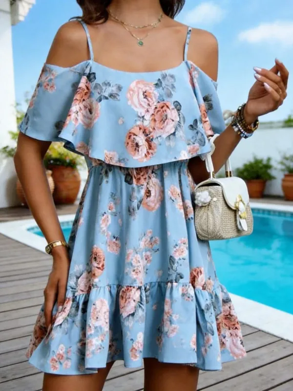 Women's European-Style Floral Print Dress Sleeveless Halter Top with Ruffled Edges Short Skirt for Summer — image 8