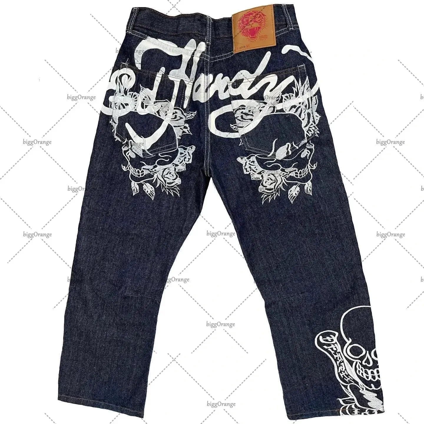 Mens Jeans Streetwear Y2K Vintage Straight Leg Denim Pants Skull Rose Flame Print Design Loose Fit Retro Punk Hip Hop Fashion — image 15