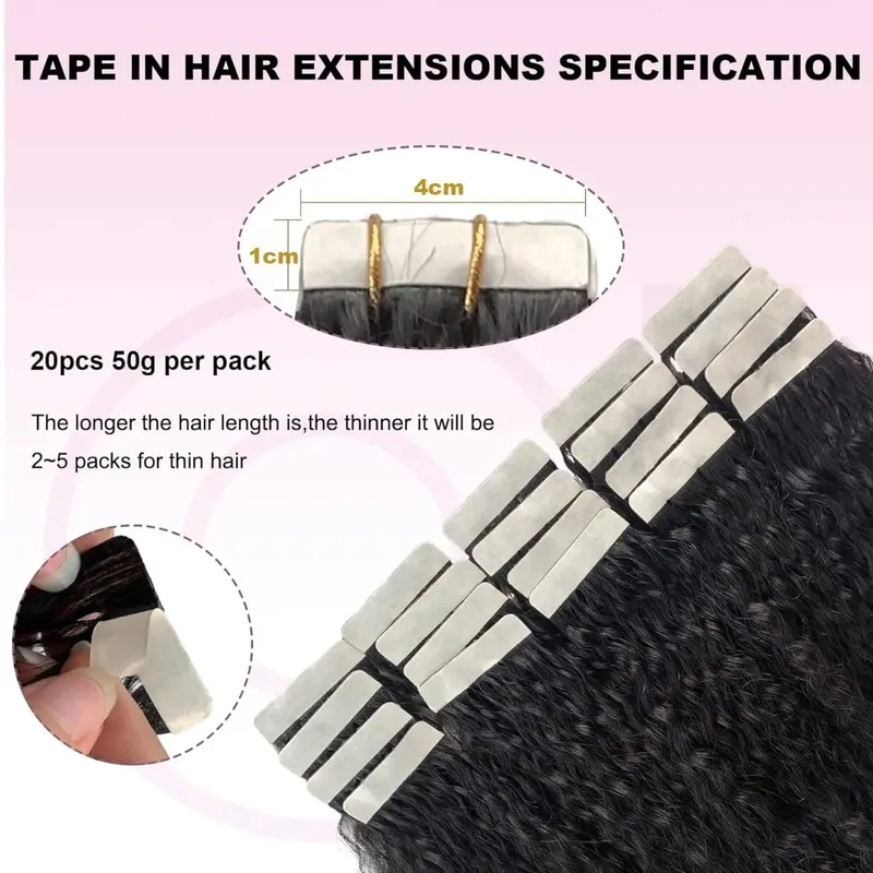 Kinky Straight Tape Ins Hair Extensions Invisible Adhesive Glue Natural Black Yaki Tapes in 100% Human Hair Full Head 50g/20Pcs — image 5